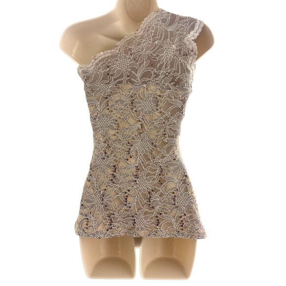 Boston Proper Beige Tan Sparkly Lace One Shoulder Lined Top Shirt Tank Size XS - Picture 4 of 8